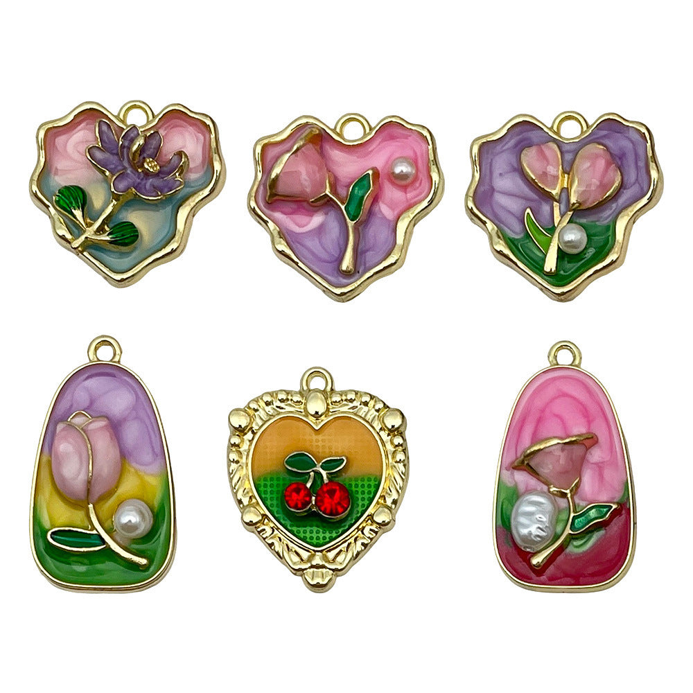 Vintage Enamel Zinc Alloy French Flower Charm Pendant for DIY Earrings Necklace Jewelry