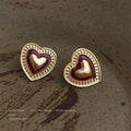 Gold Wine Red Enamel Heart Stud Earrings Beaded Border view 3