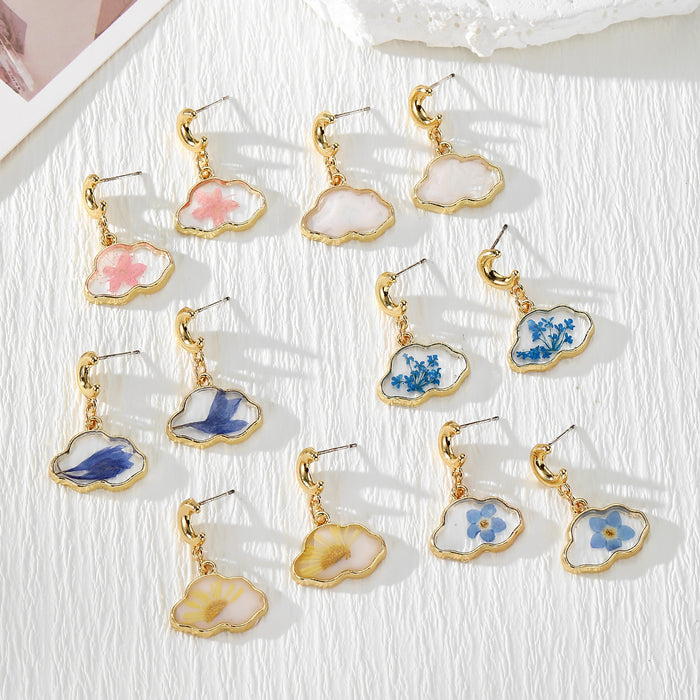 Cloud Dried Flower Resin Earrings Gold Crescent Studs 6 Styles