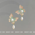 Gold Butterfly Pink Mint Enamel Pearl Drop Earrings view 1