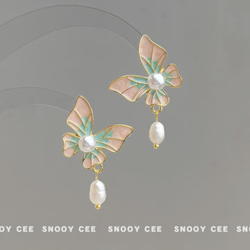 Gold Butterfly Pink Mint Enamel Pearl Drop Earrings
