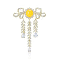 Gold Crystal Bow Brooch Yellow Cabochon Leaf Tassel Drops view 1