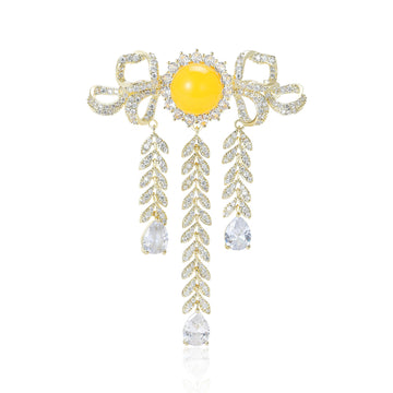Gold Crystal Bow Brooch Yellow Cabochon Leaf Tassel Drops