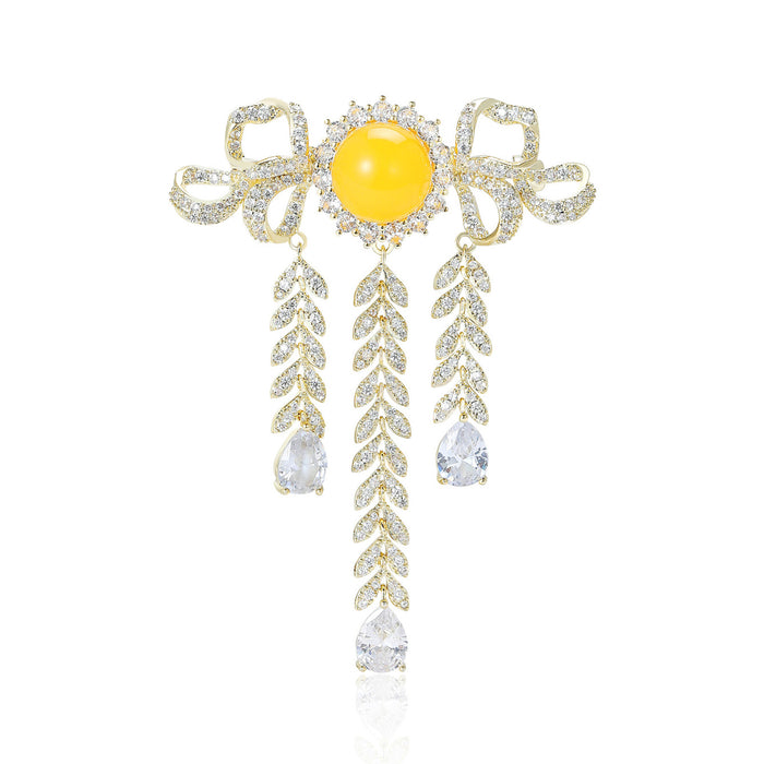 Gold Crystal Bow Brooch Yellow Cabochon Leaf Tassel Drops