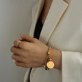 Gold Elastic Bead Bracelet Engraved Round Coin Charm Cubes Balls view 4