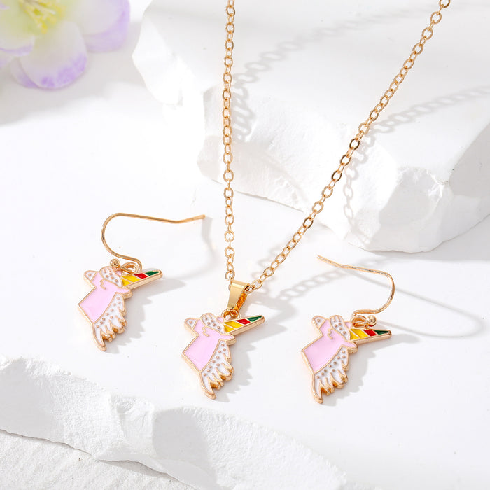 Gold Tone Pink Unicorn Enamel Necklace and Hook Earring Options