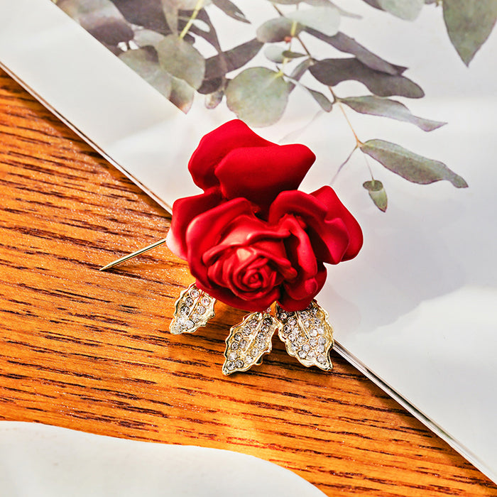 Red Fabric Rose Gold Leaf Crystal Look Floral Brooch