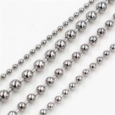 Overview of silver-tone ball chain offered in four visible bead sizes on a light background
