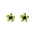 Lime Green Five Petal Flower Stud Earrings Black Center view 5