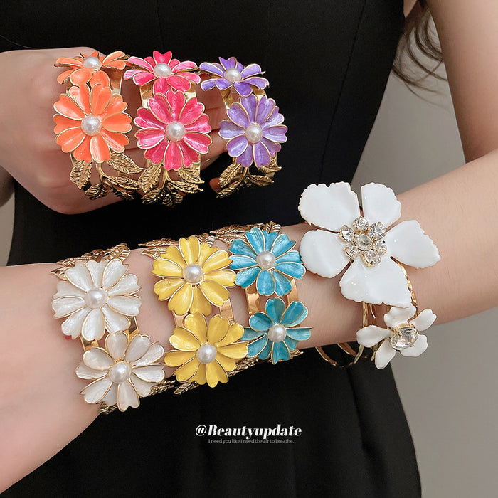 Gold Enamel Flower Open Cuffs Pearl Centers Seven Colors
