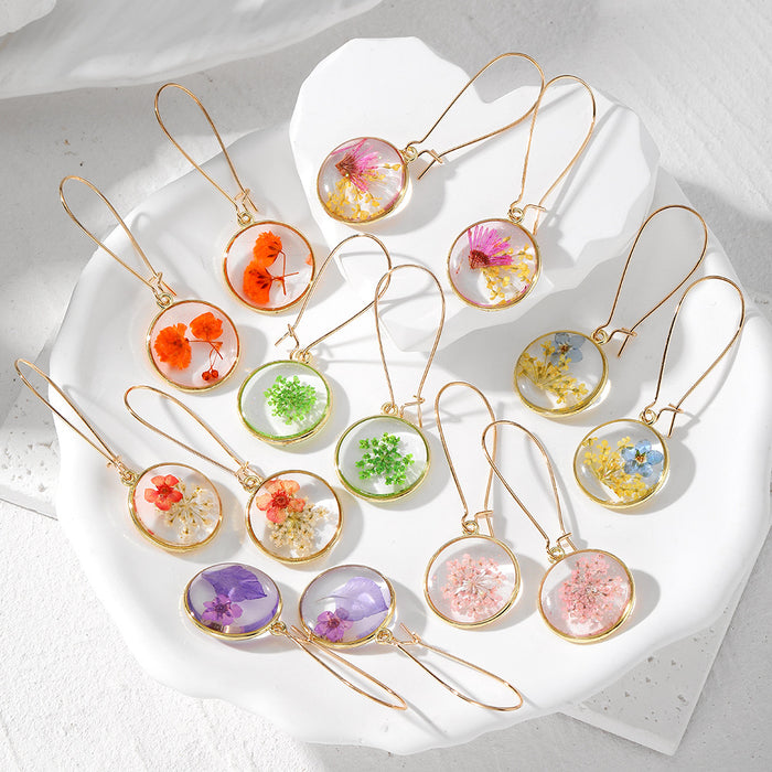 Gold Tone Round Pressed Flower Resin Long Hook Earrings in Ten Styles