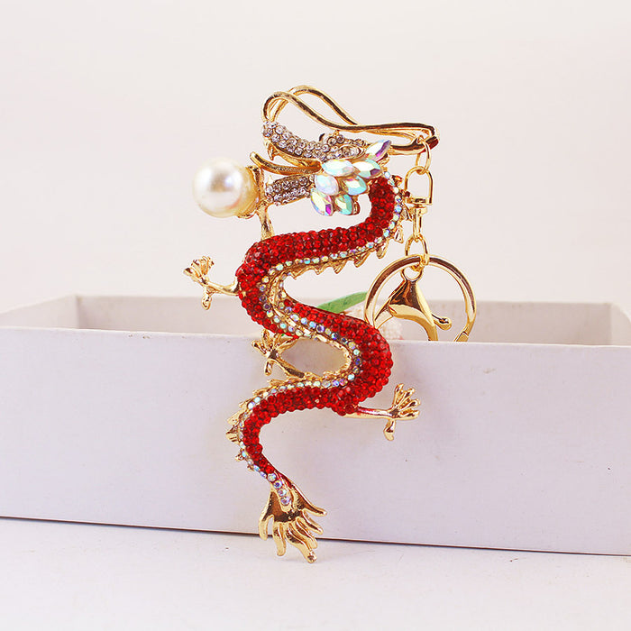 Rhinestone Dragon Keychain Zinc Alloy Zodiac Animal Car Key Ring Charm