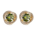 Olive Green Round Crystal Halo Stud Earrings Gold Tone view 5