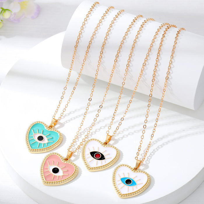 Gold Tone Crystal Edge Heart Enamel Evil Eye Pendant Necklaces
