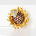 Gold Sunflower Bee Brooch Rhinestone Honeybee Flower Pin view 2