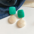 Color Block Resin Drop Earrings in Green Red Amber and White view 6