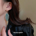 Blue Green Beaded Fringe Drop Earrings With Gold Tone Chains view 2