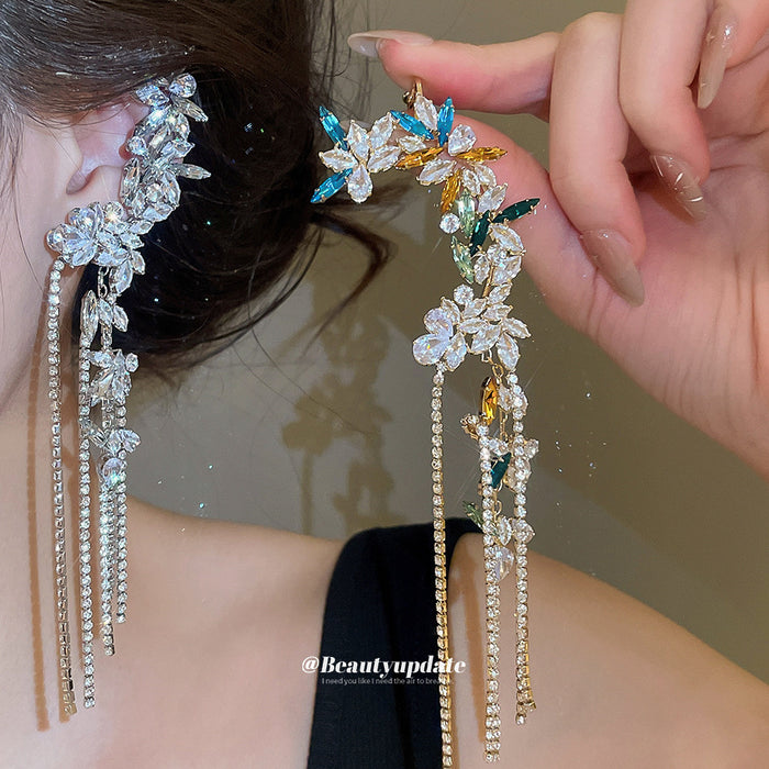 Crystal Flower Long Fringe Single Ear Clips with Polished Metal Tone Details
