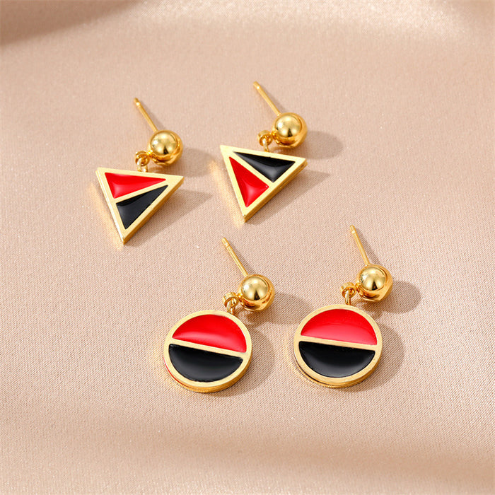 Gold Tone Red and Black Geometric Stud Drop Earrings