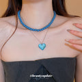 Blue Bead Double Strand Translucent Heart Pendant Necklace view 3