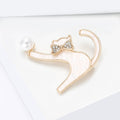 Shell Cat Brooch in Metal with Gold-tone Cat Outline with a Pearl and Crystal Bow view 3