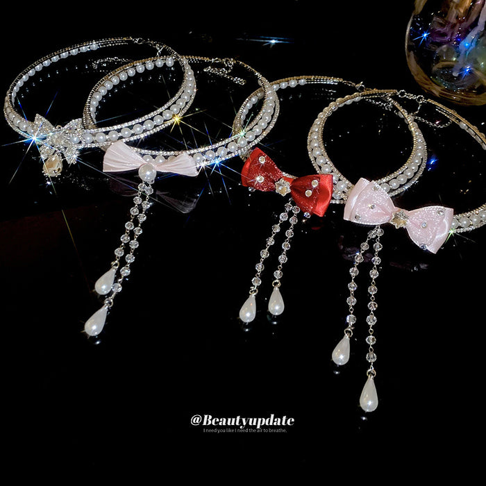 Red Bow Crystal Choker Necklace With Pearl Chain Drops