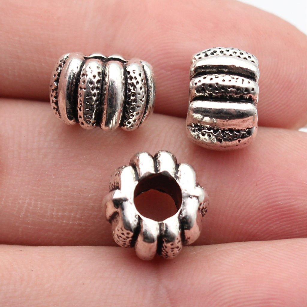 12x12x8mm 3.6g Antique Silver Zinc Alloy Pumpkin Texture Large Hole Spacer Beads for Bracelet Making