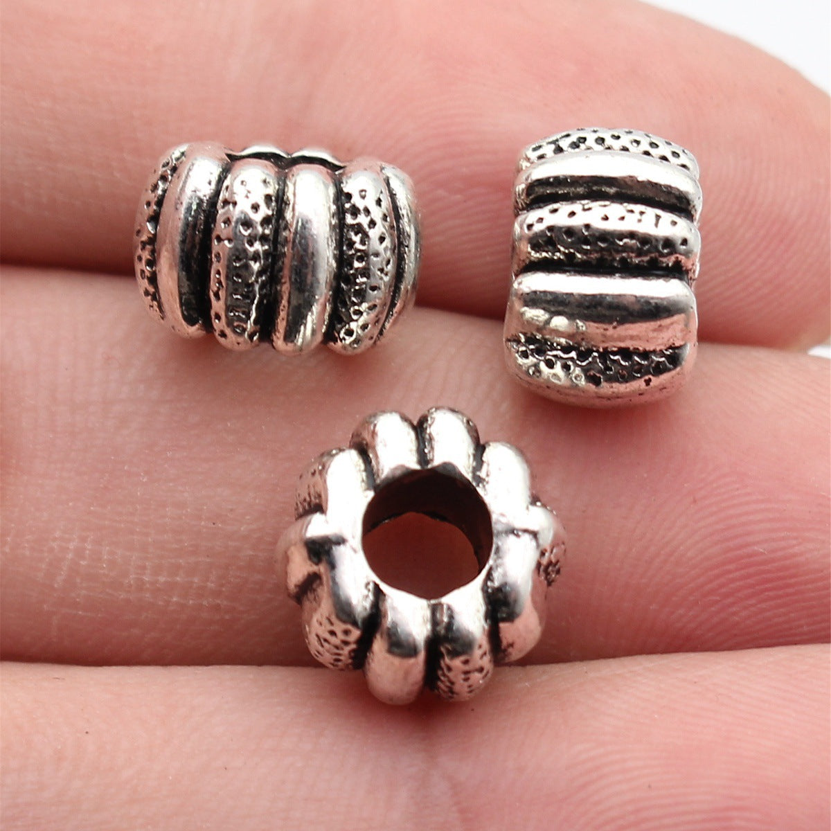 12x12x8mm 3.6g Antique Silver Zinc Alloy Pumpkin Texture Large Hole Spacer Beads for Bracelet Making
