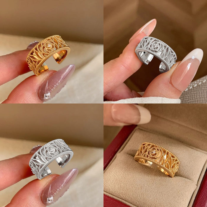 Filigree Rose Open Band Ring Silver Tone Small Zircon