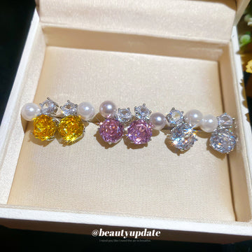 Pearl And Crystal Stud Earrings In Three Flower Colors