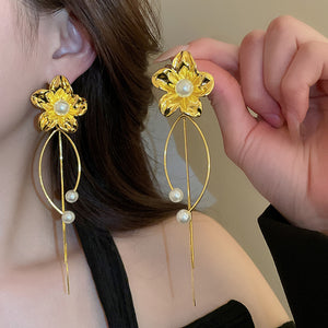 Gold Tone Flower Stud Earrings with Long Chain Fringe