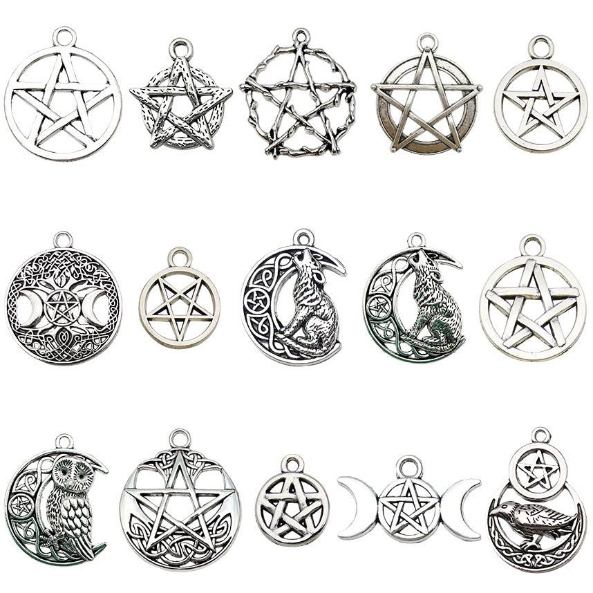 Antique Silver Zinc Alloy Pentagram Wolf Owl Hollow Star Cat Charm Pendant for DIY Necklace