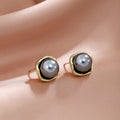 Grey Pearl Stud Earrings Gold Organic Square Frame view 2