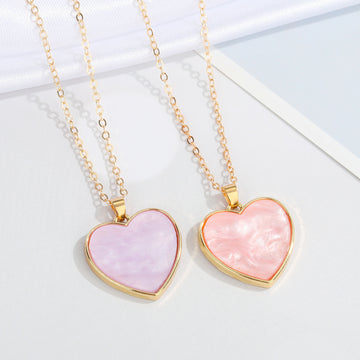 Gold Tone Pearlescent Heart Pendant Necklaces in Pink and Purple