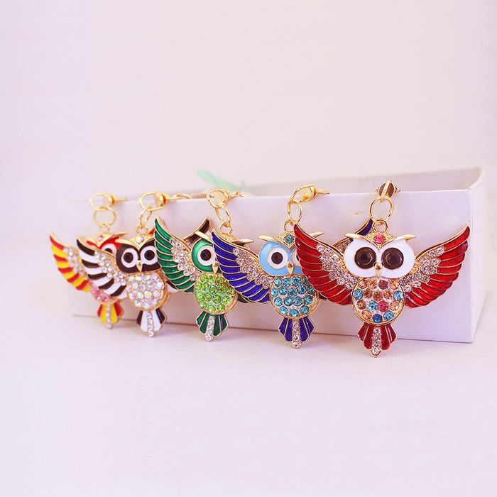 Faceted Stone Winged Owl Metal Keychain in Six Color Styles