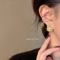 Gold Textured Rose Pearl Center Pave Stud Earrings Pair view 2