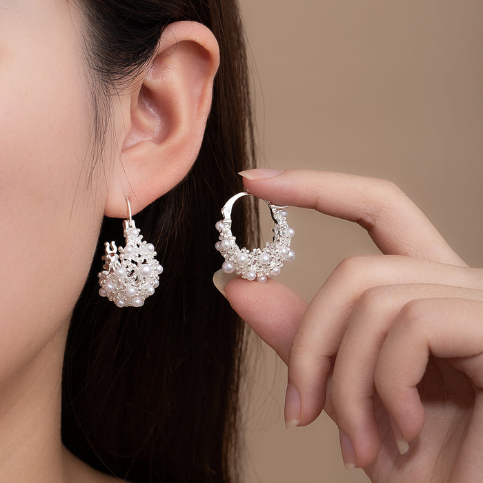 White Pearl Look Cluster Silver Tone Small Hoop Earrings