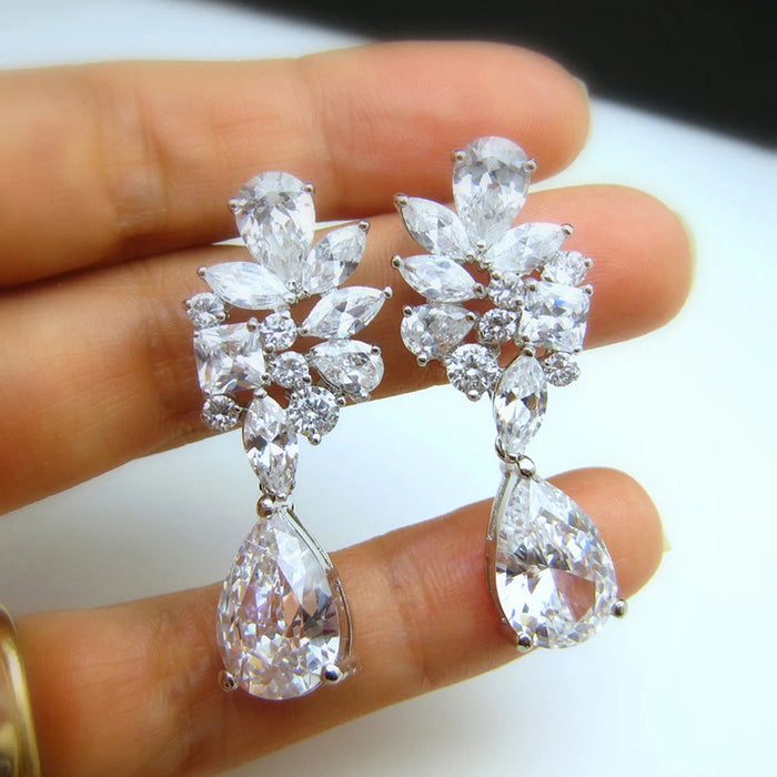 White Metal Cluster Teardrop Clear Stone Drop Earrings