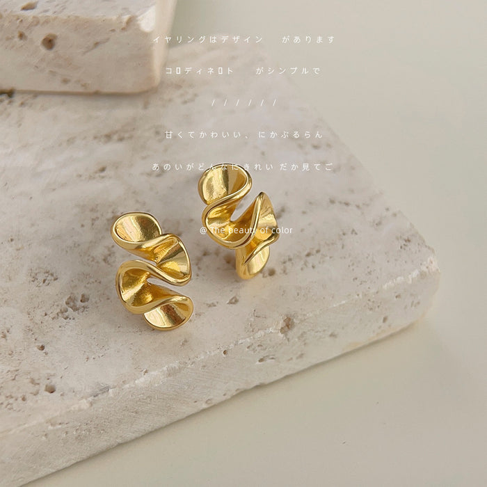 Gold Tone Double Layer Curled Sculptural Stud Earrings For Women
