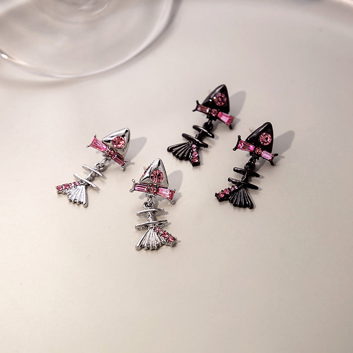 Silver and Black Pink Stone Fish Skeleton Stud Earrings