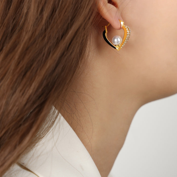 Gold Heart Hoop Earrings Pearl Crystal Enamel Colors