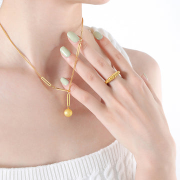 Gold Y-Necklace Frosted Ball Pendant Bar Link Accents
