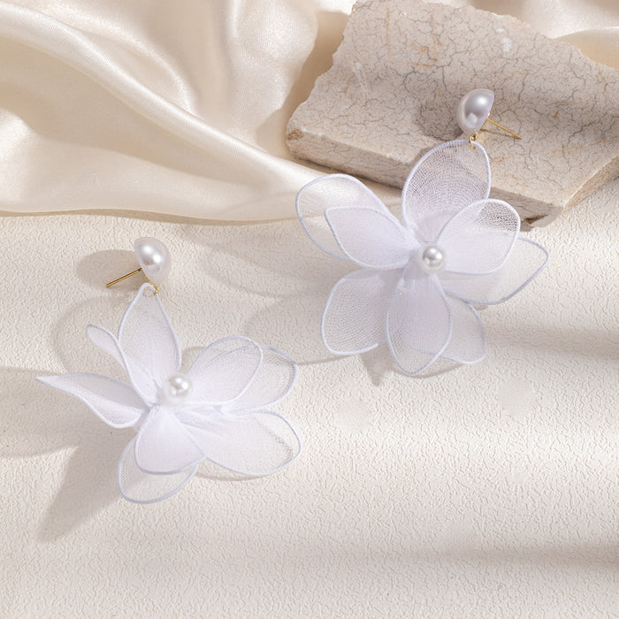 White Fabric Petal Flower and Pearl Look Stud Earrings
