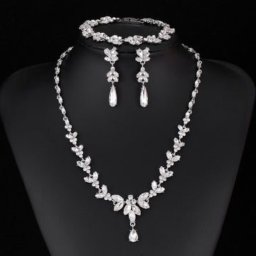 Crystal Flower and Leaf Necklace Earring Jewelry Set in Two Tones