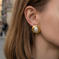 Gold Oval Wide Bezel White Pearl Look Stud Earrings view 3