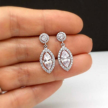 White Gold Marquise Halo Drop Earrings Clear Stone Alloy