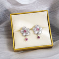 Silver Tone Flower Stud Earrings Pink Green Crystal Drops view 4