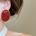 Deep Red Domed Oval Gold Tone Statement Stud Earrings view 3