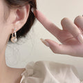 Pearl and Silver Cube Open Hoop Statement Stud Earrings view 3