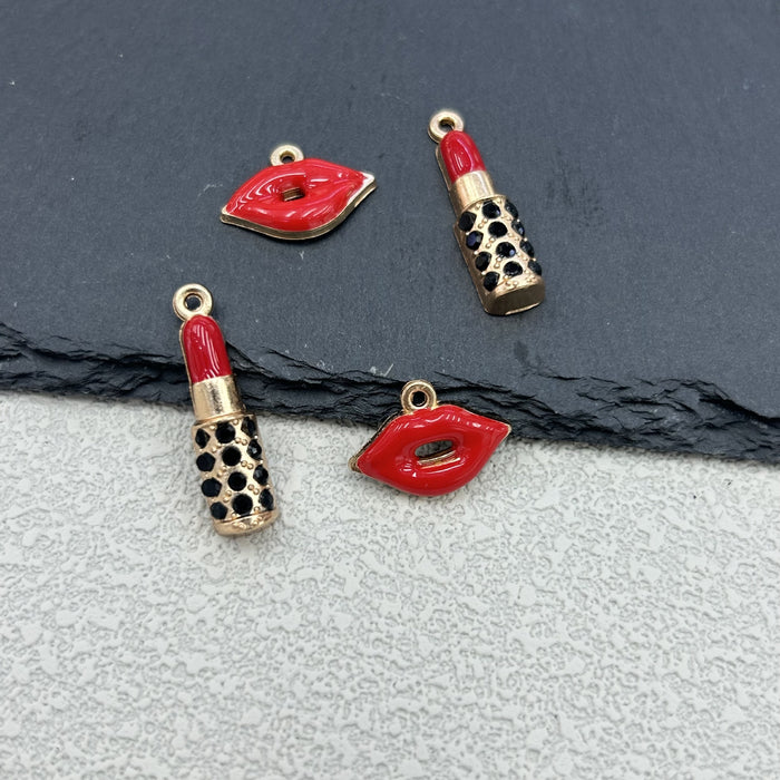 Red Enamel Lipstick Lips Charm Pendant Gold-Tone Rhinestone
